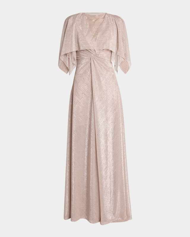 Sprinkled Metallic Voile Cape Twisted Gown